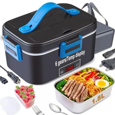 Tragbarer Lebensmittelwärmer 80 W, 1,8 l, Edelstahl, 12/24/220 V, blau