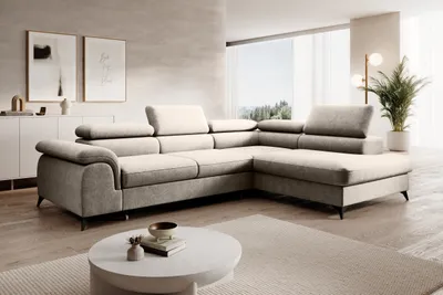 Produktbild von Moderne Ecksofa PLAZA L mit einstellbare Kopfstützen, Eckcouch in L-Form mit Schlaffunktion und Bettkaste. Soffa, Bettsofa, Couchgarnitur - Hellgrau Whisper 2