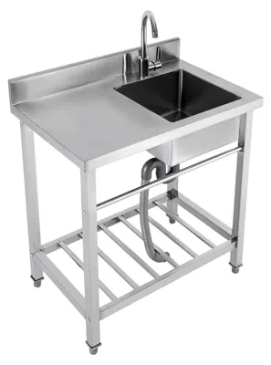 Produktbild von Freistehende Edelstahl-Küchenspüle, 80 x 55 x 84 cm, 100 kg Tragfähigkeit, Gewerbliche Spüle mit Arbeitsfläche