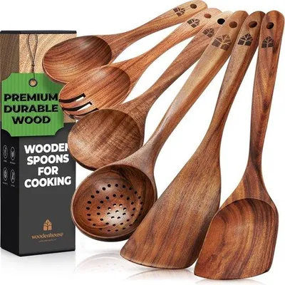 Produktbild von Famanu Holzlöffel Set - Teakholz Küchenutensilien mit komfortablem Griff - 6-teilig