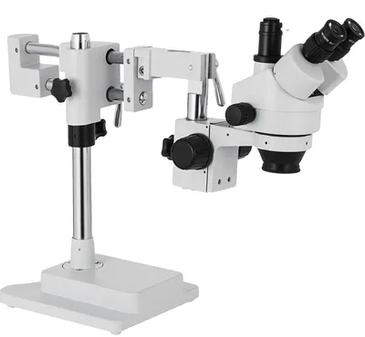 Productafbeelding van VEVOR 3,5X-90X Simul-focale, trinoculaire, zoom stereo microscoop. Behuizing van aluminium-zink legering. 360 graden draaibaar. Stereo microscoop met dubbele arm. Laboratorium video microscoop met twee in hoogte verstelbare houders. Accessoires