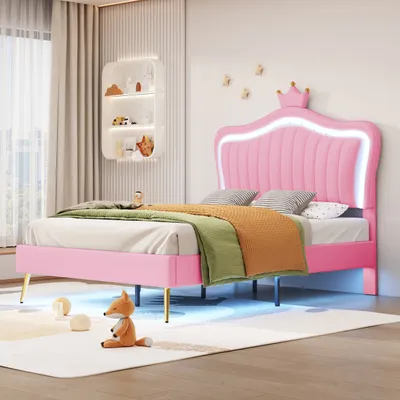A child's bedroom with a pink bed and decorative elements.