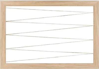 A framed picture frame with multiple strings stretched across it in a zigzag pattern.
