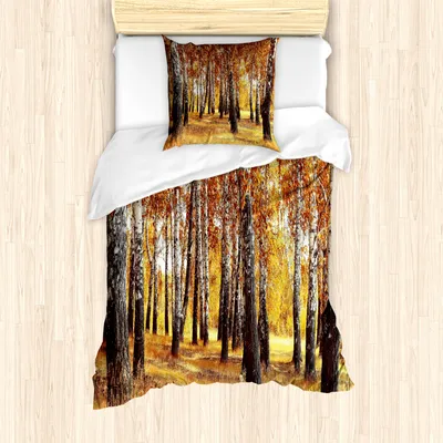 Produktbild von ABAKUHAUS Wald Mantele, Herbst-Blätter-Entwurf, Milbensicher Allergiker geeignet mit Kissenbezügen, 135 cm x 200 cm - 80 x 80 cm, Orange Braun