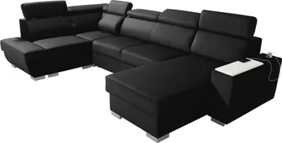 Produktbild von Robin Cezar Ecksofa Schlaffunktion Bettkasten Verstellbare Kopfstützen Sofa L-Form Schlafsofa Freistehende Eckcouch Schlafcouch Wohnzimmermöbel inkl. Laptoptisch Steckdose Schwarz