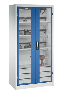 Produktbild von Akkulade-Schrank, Sichtfenster-Türen, BxTxH 930x500x1950 mm, 3 Böden mit je 5-fach Steckdosenleiste,1 Einlegeboden, RAL 7035/5010
