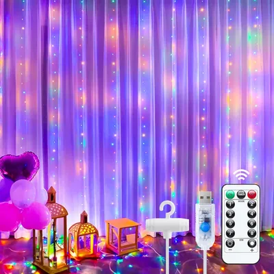 Produktbild von 3X2M 200 LED Lichtervorhang 8 Lichtmodi Wasserdicht USB Lichterkette mit Fernbedienung für Fenster Hochzeit Party Garten Weihnachten Deko, Bunt