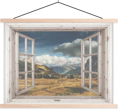 Produktbild von MuchoWow® Textilposter Holz - Aussicht - Berg 150x113 cm mit holzfarbenen Rahmen - Poster