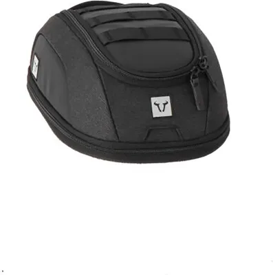A black motorcycle tank bag with a silver logo.