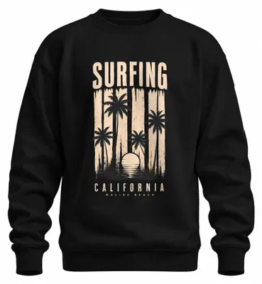 Zdjęcie produktu dla Bluza z kapturem w stylu vintage, przedstawiająca surfing na plaży Malibu w Kalifornii, z motywem zachodu słońca. Kolor: czarny. Rozmiar: S