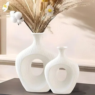 Produktbild von Unyqoos® 2er-Set runde, matte Keramikvasen – 23×17 cm & 18×12,5 cm, 100% Keramik, Anti-Rutsch-Boden, dekorative Vasen für frische und getrocknete Blumen