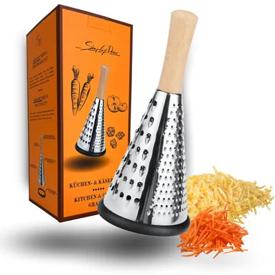 Produktbild von Edelstahl Küchenreibe mit Holzgriff - Kegelreibe mit 3 Schnittflächen als Parmesanreibe, Käsereibe, Zitronenreibe - Küchenraspel Reibe fein, grob