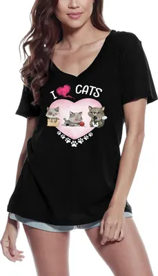 Produktbild von Damen Grafik T-Shirt V-Ausschnitt Ich liebe Katzen - niedlich – I Love Cats - Cute – Öko-Verantwortlich Vintage Jahrgang Kurzarm Lustige Druck