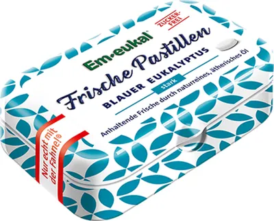 Image de Em eukal Pastilles fraîches Eucalyptus bleu sans sucre Boîte métal 20g