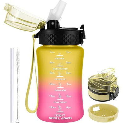 Produktbild von Trinkflasche Kinder 350ml mit Strohhalm und Zeitmarkierung, BPA-frei, auslaufsicher, Gelb/Rosa