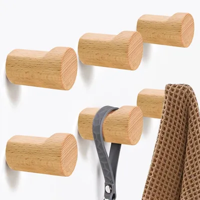 Productafbeelding van Omgoods - Houten Wandhaken Set - 6 Stuks voor Kapstok en Decoratie