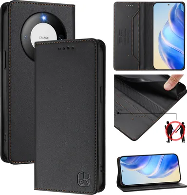 Obrázek produktu pro Kožené pouzdro pro Huawei Mate 60, flipové pouzdro s přihrádkami na karty, peněženkou a stojánkem Černý