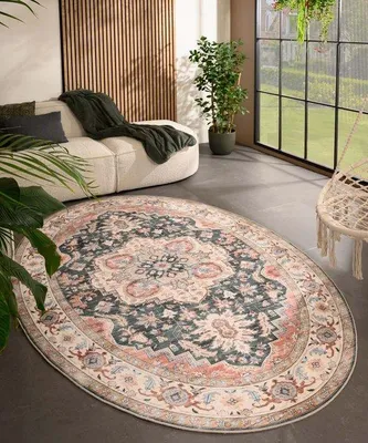 Image de Tapis d'extérieur vintage Unyqoos®, forme ovale – Valenca Fino, vert/rouge, 80x150 cm, structure en maille 3D, lavable, pour intérieur et extérieur