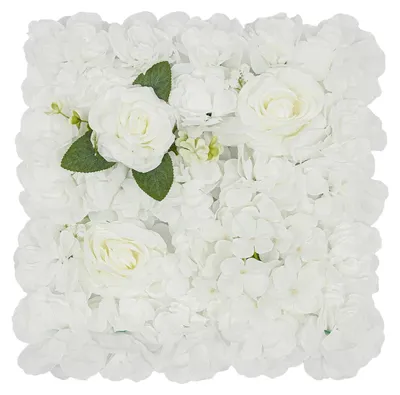 Produktbild von Künstliche Blumenwand - Paneel-Set 12 Stück - 3D Hortensie & Rose - Seidenblumen - Für Innenbereich - Brautparty & Wohndeko - Weiß + Grün