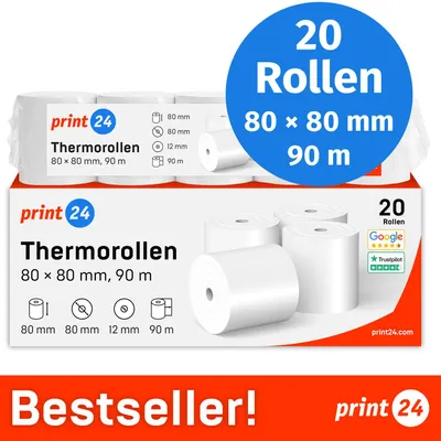 Image de NOUVEAU : rouleaux thermiques / rouleaux de caisse print24, 20 rouleaux, 80 mm x 80 mm x 12 mm, 90 m, lauréat de tests, PEFC, sans BPA, compatible avec EPSON, IBM et autres