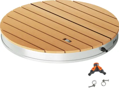 A circular wooden shower head with a silver metal base, shown with a hose connector and clamps.