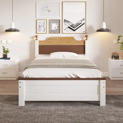 A bedroom scene with a single bed, nightstands, and wall art.