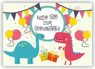 Produktbild von coole Geburtstagskarte mit Dinosauriern in Party Stimmung und mit Luftballons: Alles Gute zum Geburtstag
