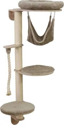 A cat tree with multiple platforms, a hammock, and a scratching post, against a white background.