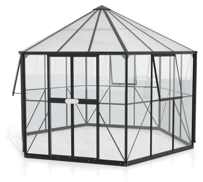 Zdjęcie produktu dla Szklarnia-altana Vitavia „Juno 9000” wraz z fundamentem stalowym, kolor czarny, powierzchnia 9,0 m², szkło bezpieczne 3 mm, szkło hartowane 6 mm