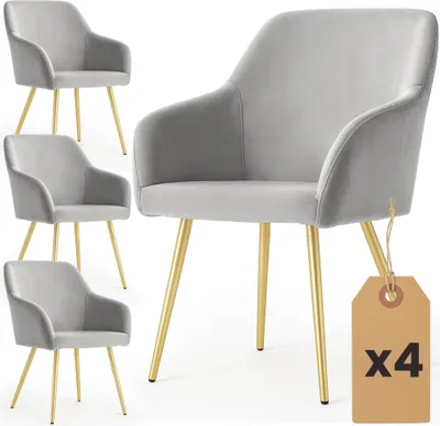 Produktbild von 4er Set Glatte Velours Esszimmerstühle ESTELLE Grau mit goldenen Beinen