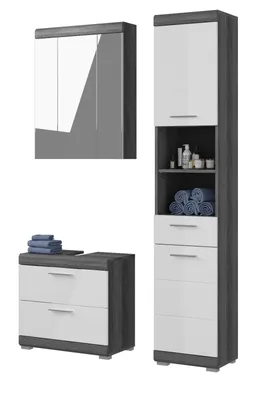 A set of three bathroom furniture pieces: a wall-mounted cabinet with mirrors, a low cabinet with drawers, and a tall cabinet with shelves and drawers.
