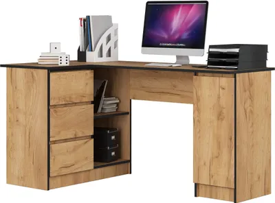 Produktbild von 3xEliving SCHREIBTISCH LYNNA B20 LINKS EICHE CRAFT Großer Eckschreibtisch mit drei Schubladen und einem Schrank, linke Seite, Maße: Höhe: 77 cm, Breite: 155/89 cm, Tiefe: 45/48,5 cm