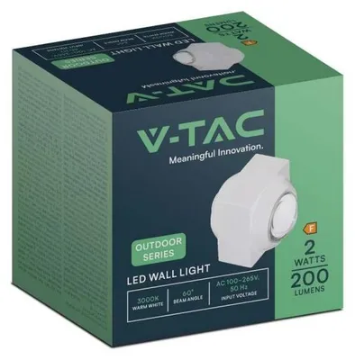 Obrázek produktu pro Venkovní LED nástěnné svítidlo VT-2503, bílé, 2 W, teplá bílá, 200 lm, hliník, rozměry: 4 x 5 x 4 cm, IP54, V-TAC