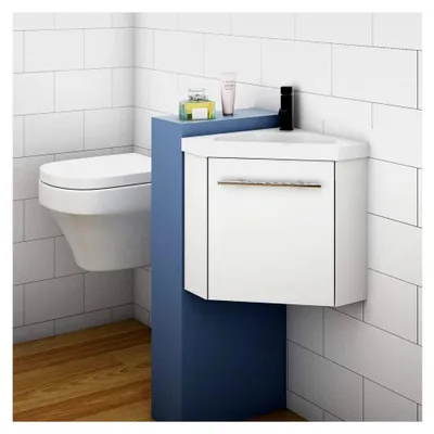 Produktbild von Eckwaschtisch 40 cm mit Eckschrank und Waschbecken, Unterschrank, kleine Badmöbel, Weiß