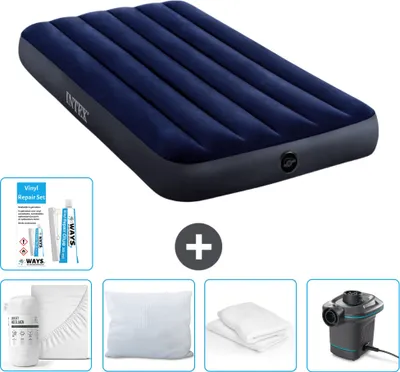 Produktbild von Intex Luftbett – 1 Person – 99 x 191 x 25 cm – Blau – im Lieferumfang enthalten Spannbettuch - Küssen - Pumpe - Reperaturset en Kissenschutz