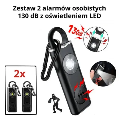 Zdjęcie produktu dla Zestaw 2x Osobisty Alarm 130 dB z Latarką LED – Ładowanie USB-C – Alarm Bezpieczeństwa dla Kobiet i Seniorów – Brelok do Samoobrony