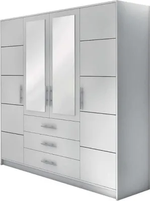 Produktbild von BETTSO Drehtürenschrank Kleiderschrank mit 4 Türen und 3 Schubladen Spiegel Garderobenschrank Garderobe mit Silberne Griffe Bali D4 Weiß