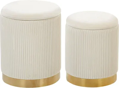 Produktbild von Runder Pouf im 2er Set aus Samt weiß Ottoman Sitzpouf Rillen-Optik Miramar