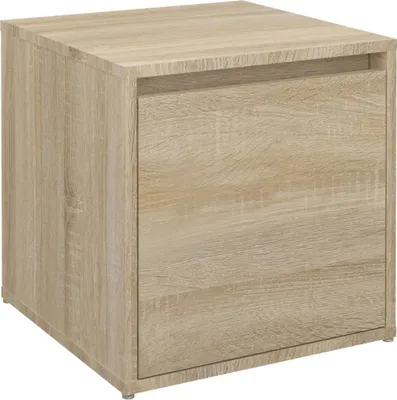 A single, light brown wooden cube-shaped storage unit with a drawer is shown against a white background.