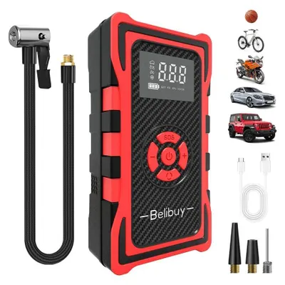 Produktbild von Tragbarer elektrischer Luftkompressor - 4-in-1 Reifenpumpe - Auto-Stop - Digitales Manometer - 6000 mAh Akku - Für Auto Fahrrad Bälle - Wiederaufladbar - Rot