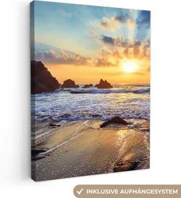 Produktbild von MuchoWow® - Leinwandbilder - Strand - Sonnenuntergang - Natur - Meer - Landschaft, Wandbild, Wanddeko Bilder Wohnzimmer, 90x120 cm