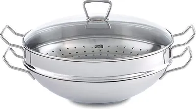 Produktbild von Fissler Nanjing / Edelstahl-Wok (Ø 36 cm) große Wok-Pfanne unbeschichtet,Asiapfanne mit Glas-Deckel, inkl. Dämpfeinsatz, alle Herdarten - auch Induktion