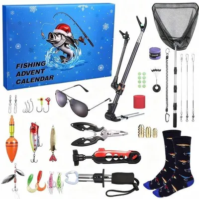 Produktbild von Adventskalender 2025 für Angler – Adventskalender mit Angelzubehör – Kescher – Angelbrille – Weihnachtsgeschenk für Kinder – 24 Überraschungen – Angel-Adventskalender