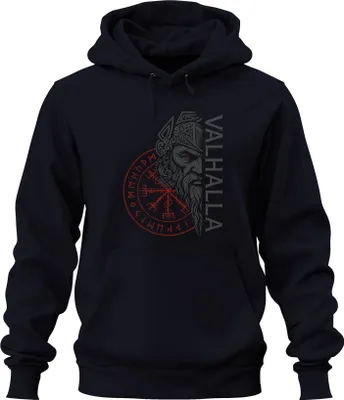 Obrázek produktu pro Valhalla Viking Norse Mythology Vegvisir Runes Odin Gift Uni mikina s kapucí, Navy, XL