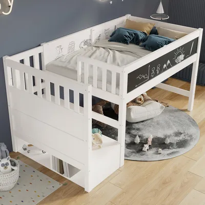 Image de MODFU Lit Mezzanine Enfant 90x200 cm - Lit Maison en Bois Blanc avec Bureau, Protection Anti-Chute et Espace de Rangement