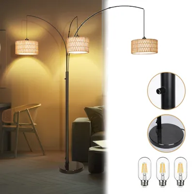 Image de Lampadaire bohème en rotin à 3 lumières, lampadaire en forme d'arbre avec ampoule de 6 W, lampe en arc avec interrupteur à quatre positions, lampadaires vintage pour chambre à coucher