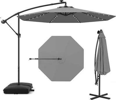 Produktbild von GOPLUS Ø 300 cm Terrassenschirm mit Sandsack, wetterfester Ampelschirm mit UV-Schutz Abdeckung & 32 LED-Solar-Beleuchtung, neigbarer Sonnenschirm,Grau