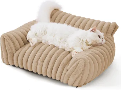 Produktbild von Katzencouchbett, suesses Haustierbett fuer kleine, mittelgrosse und grosse Katzen und Hunde, flauschiges Schlafsofa fuer Haustiere im Innenbereich, mit rutschfester Unterseite und waschbarem Bezug
