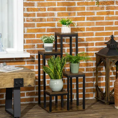Produktbild von Blumenständer 4 Ebenen Spanplatte Stahl, Pflanzenregal rustikal, Blumenregal Holzoptik, Rustikal-Braun | 40x40x81 cm | 20 kg/Ebene | Innen & Außen