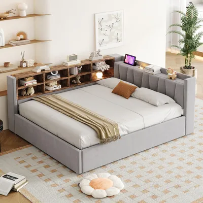 Obrázek produktu pro okwish Rozkládací pohovka na spaní 140x200, denní postel s USB a Type-C nabíjením, postel pro mládež s úložným prostorem, dětská postel s nočním světlem a přihrádkami, světle šedá (bez matrace)